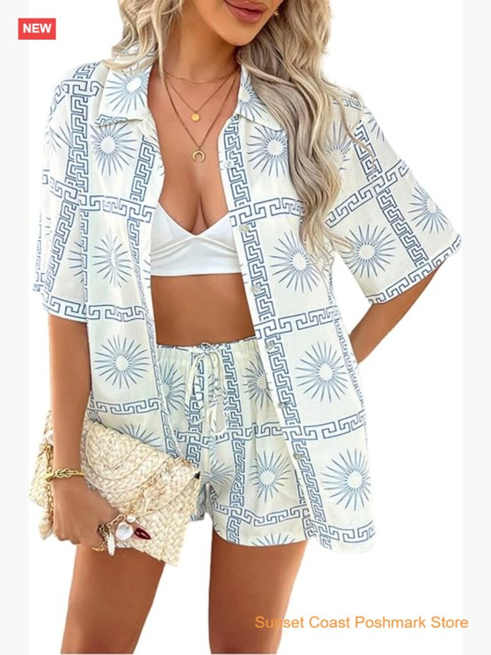 2 Piece Matching Short Set Boho Tropical Print Short Sleeve Button Down Shirt